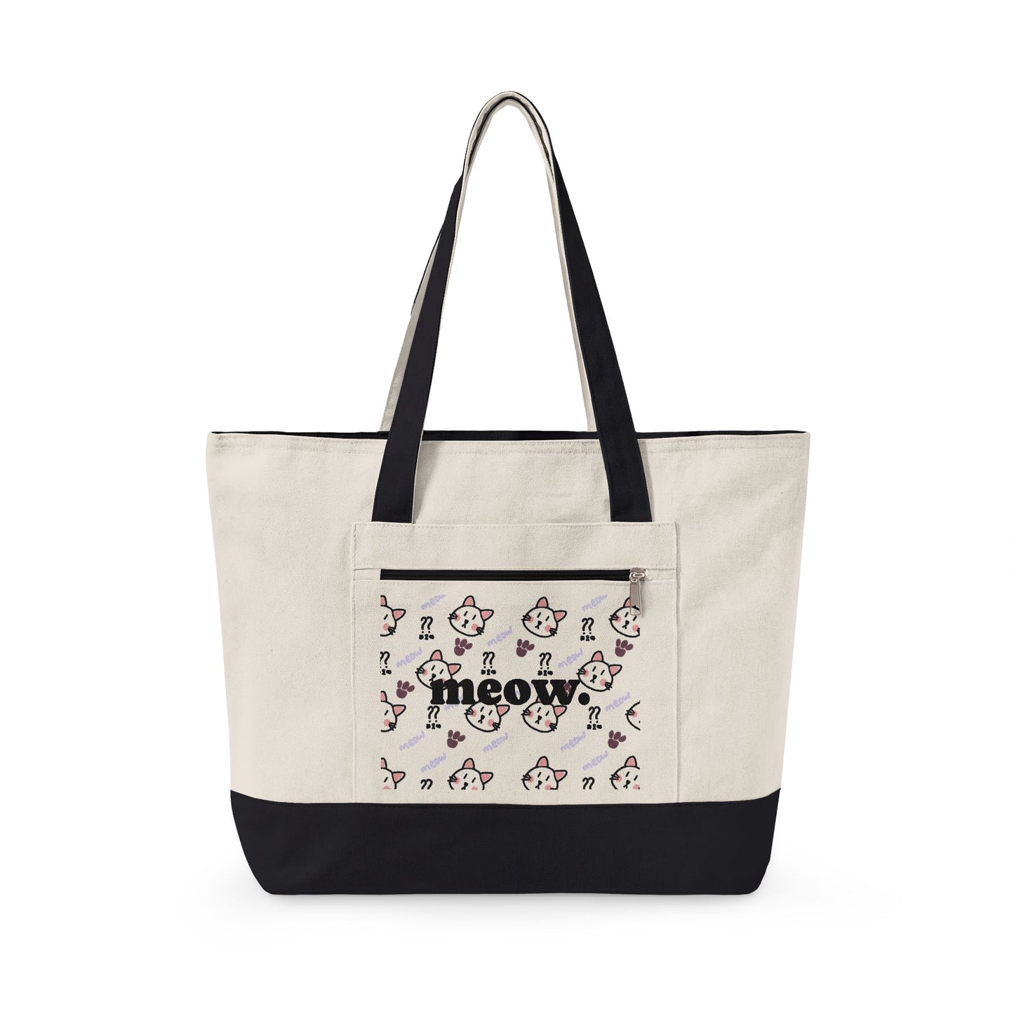 Canvas Tote Bag — 'Meow' Pink Print Zippered Tote