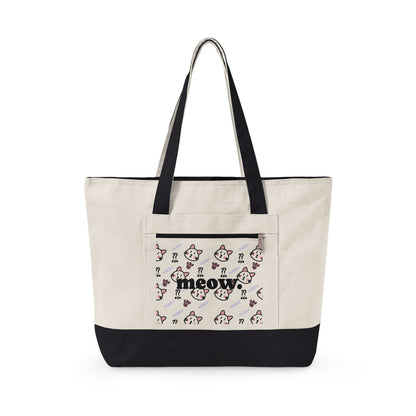 Canvas Tote Bag — 'Meow' Pink Print Zippered Tote