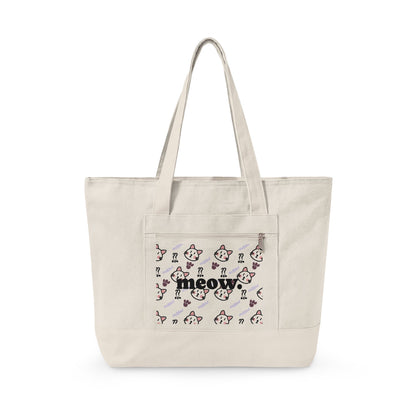 Canvas Tote Bag — 'Meow' Pink Print Zippered Tote