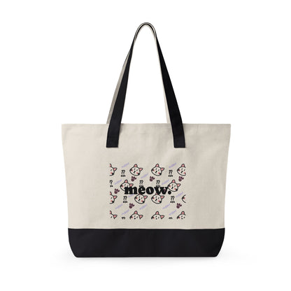 Canvas Tote Bag — 'Meow' Pink Print Zippered Tote