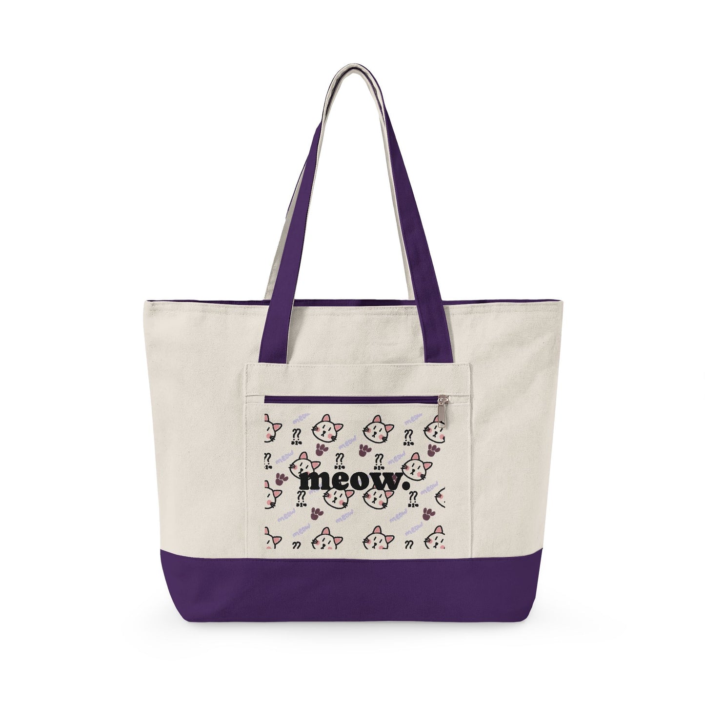 Canvas Tote Bag — 'Meow' Pink Print Zippered Tote