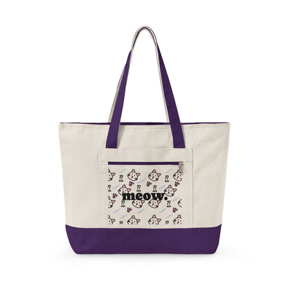 Canvas Tote Bag — 'Meow' Pink Print Zippered Tote