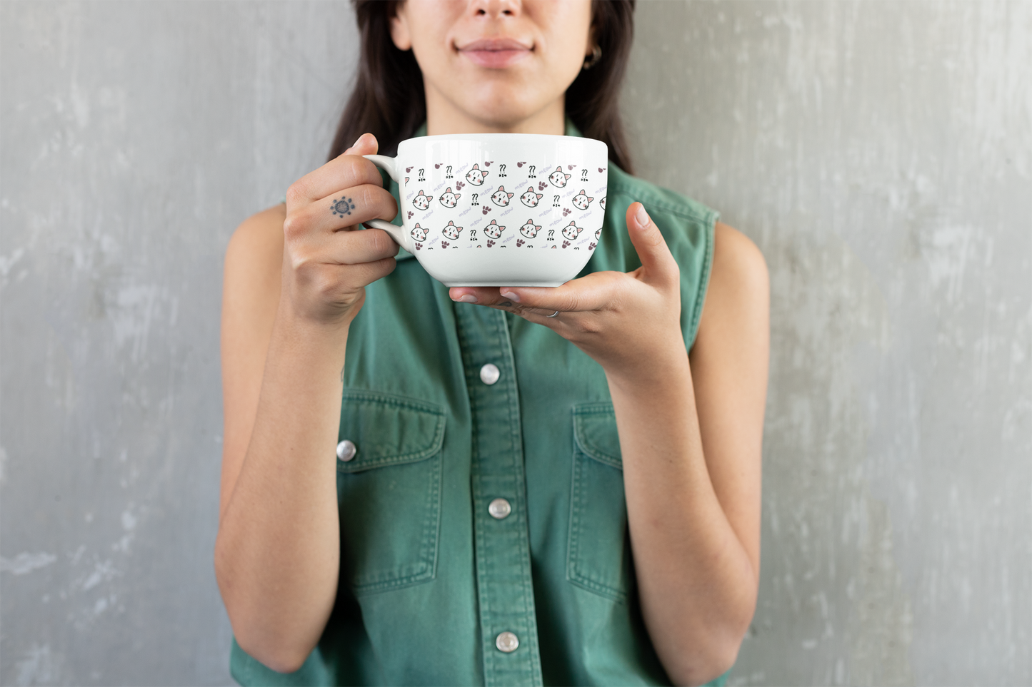 Cute Cat Pattern White Ceramic Latte Mug, 25oz (Mascot Theme)