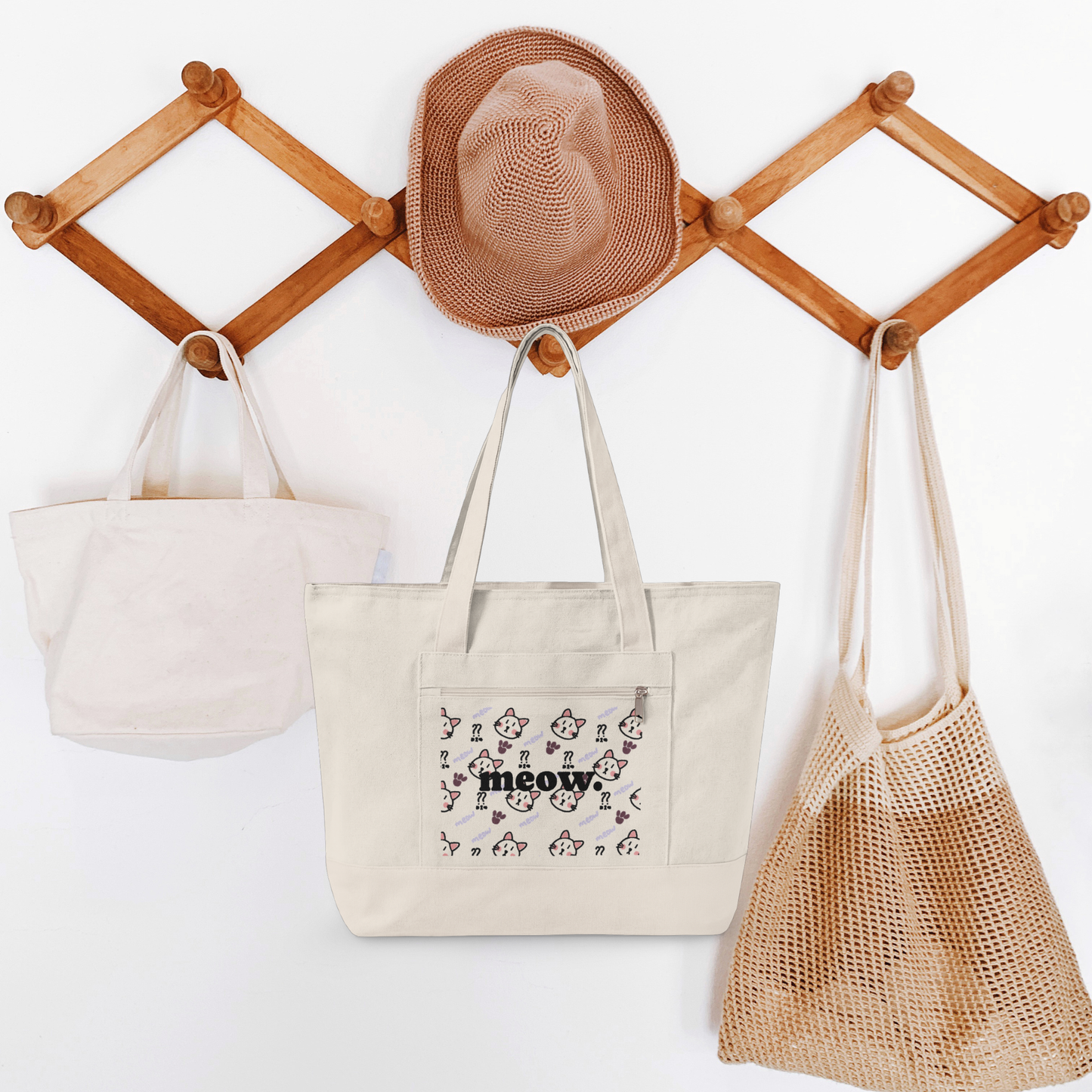 Canvas Tote Bag — 'Meow' Pink Print Zippered Tote
