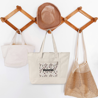 Canvas Tote Bag — 'Meow' Pink Print Zippered Tote