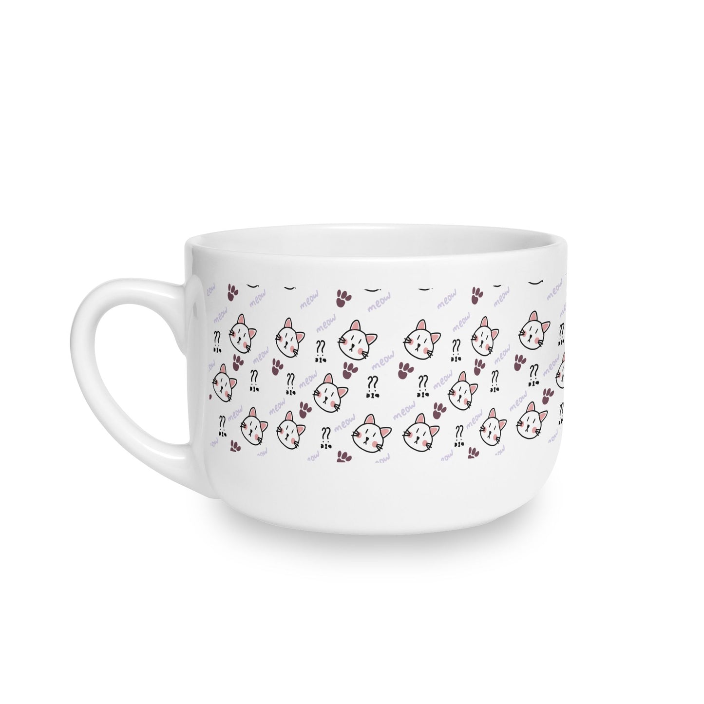 Cute Cat Pattern White Ceramic Latte Mug, 25oz (Mascot Theme)