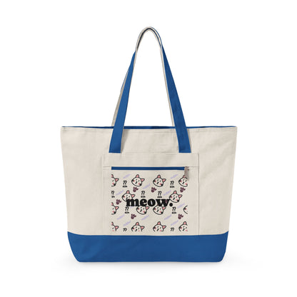 Canvas Tote Bag — 'Meow' Pink Print Zippered Tote