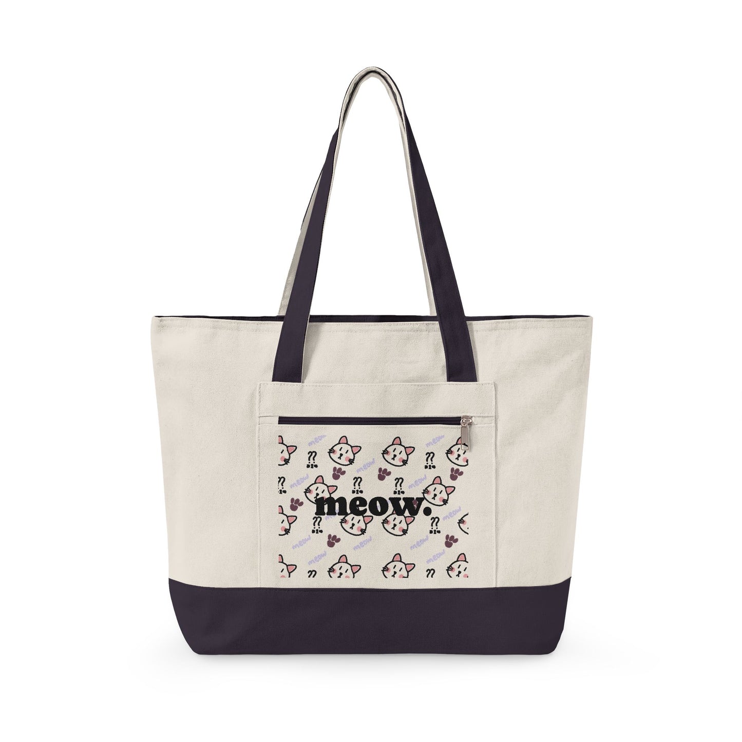 Canvas Tote Bag — 'Meow' Pink Print Zippered Tote