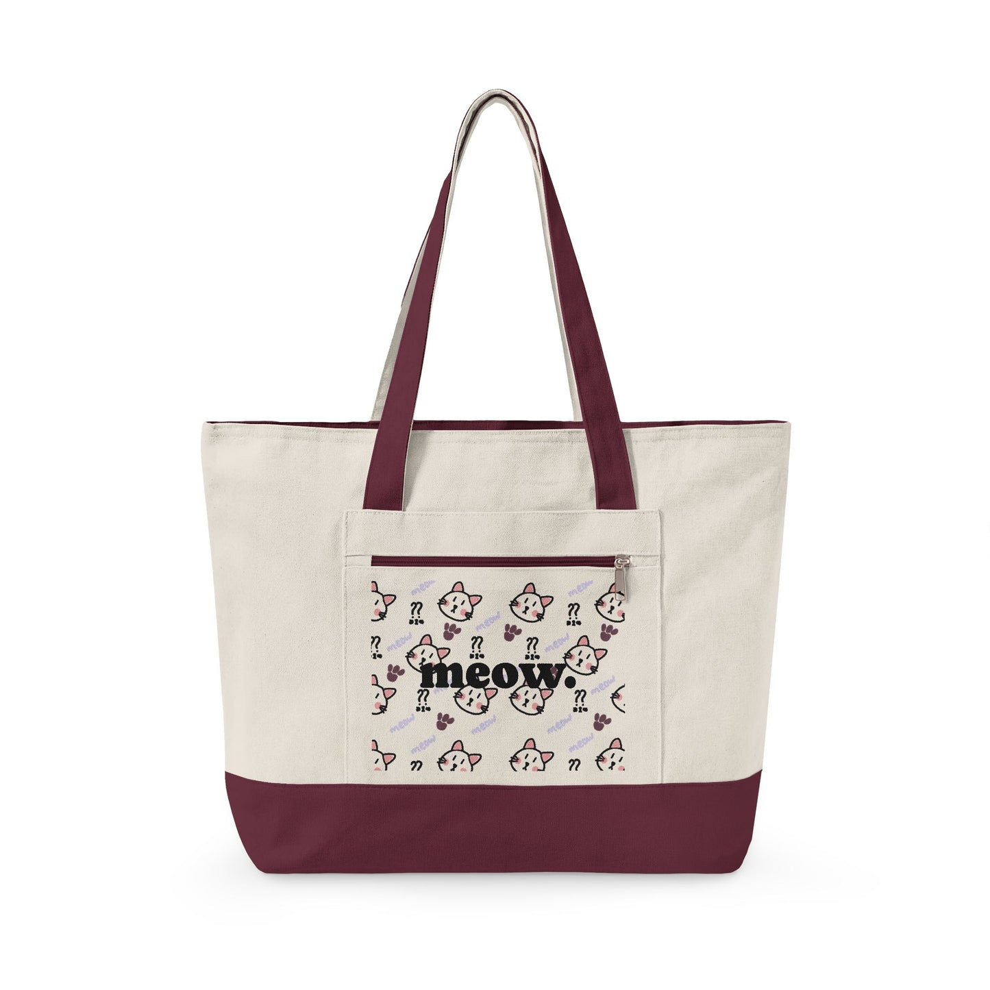 Canvas Tote Bag — 'Meow' Pink Print Zippered Tote