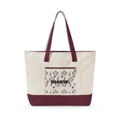 Canvas Tote Bag — 'Meow' Pink Print Zippered Tote